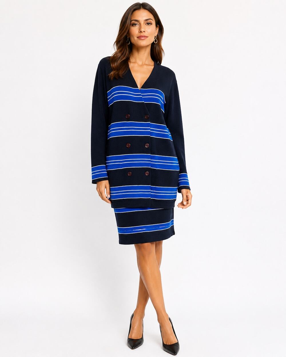 80s Rodier Navy Knit Skirt Suit Longline Jacket Pencil Skirt Blue Stripe
